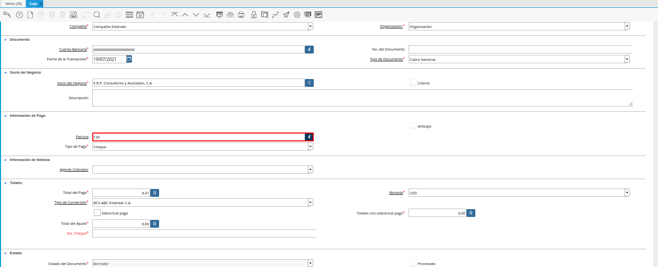 campo factura de la ventana caja