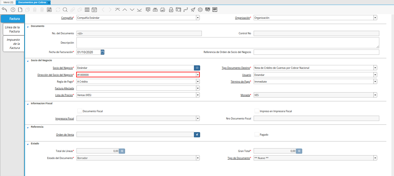 Campo Dirección del Socio del Negocio nota de crédito