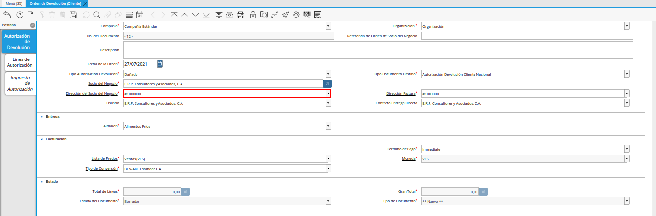 campo dirección del socio del negocio de la ventana orden de devolución cliente