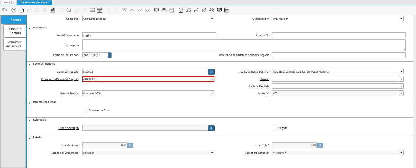 campo direccion del socio del negocio de la ventana documentos por pagar