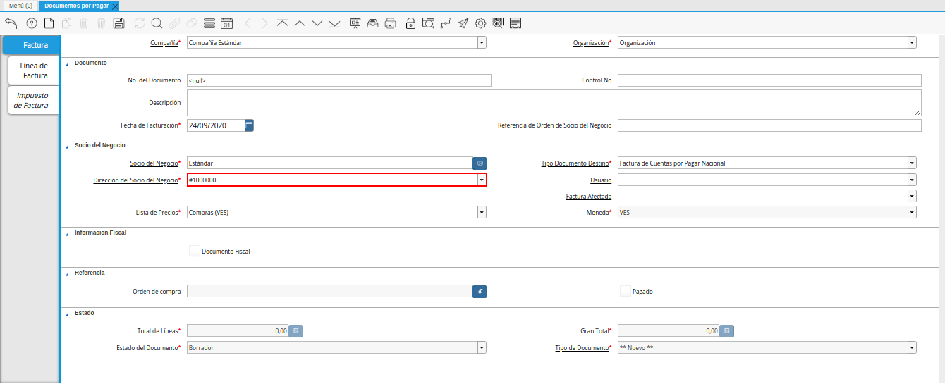 campo direccion del socio del negocio de la ventana documentos por pagar