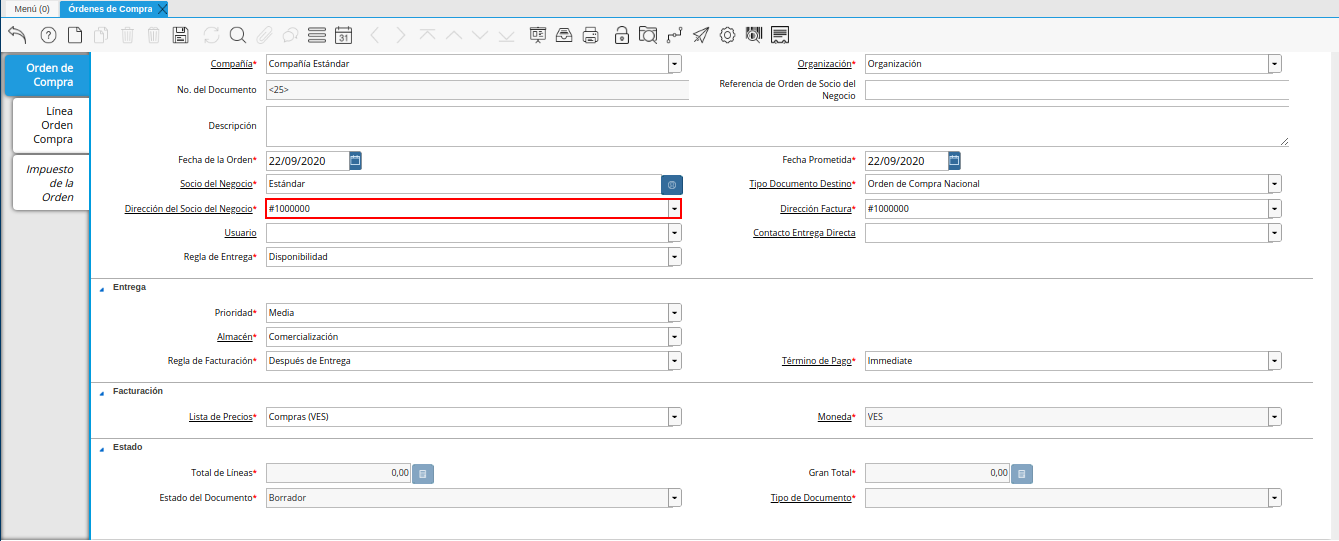 campo dirección del socio del negocio de la ventana órdenes de compra