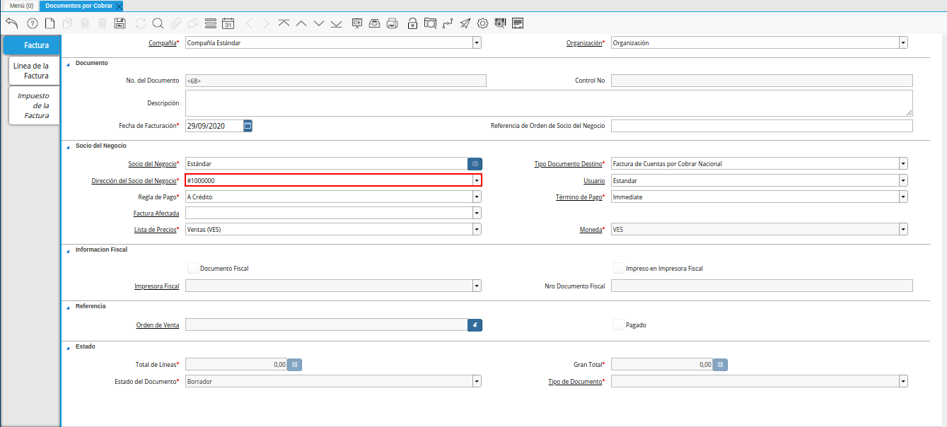 Campo Dirección del Socio del Negocio