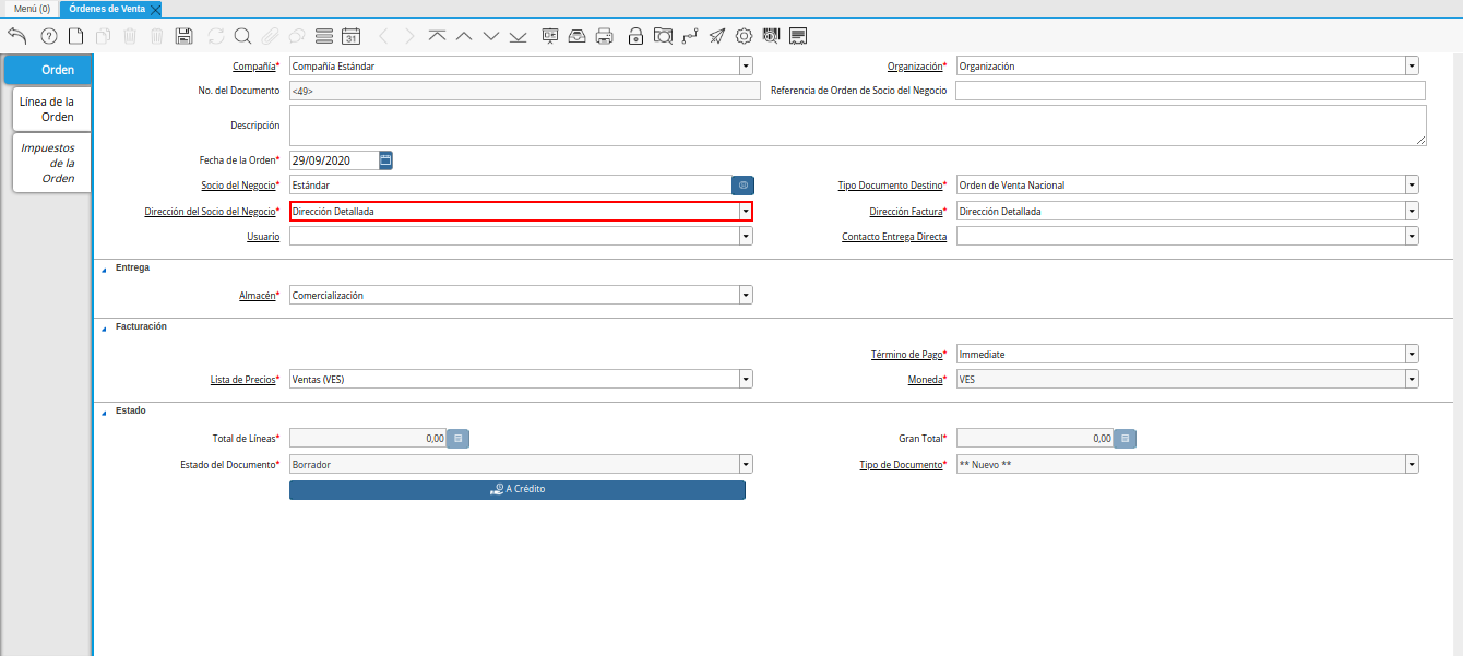Campo Dirección del Socio del Negocio