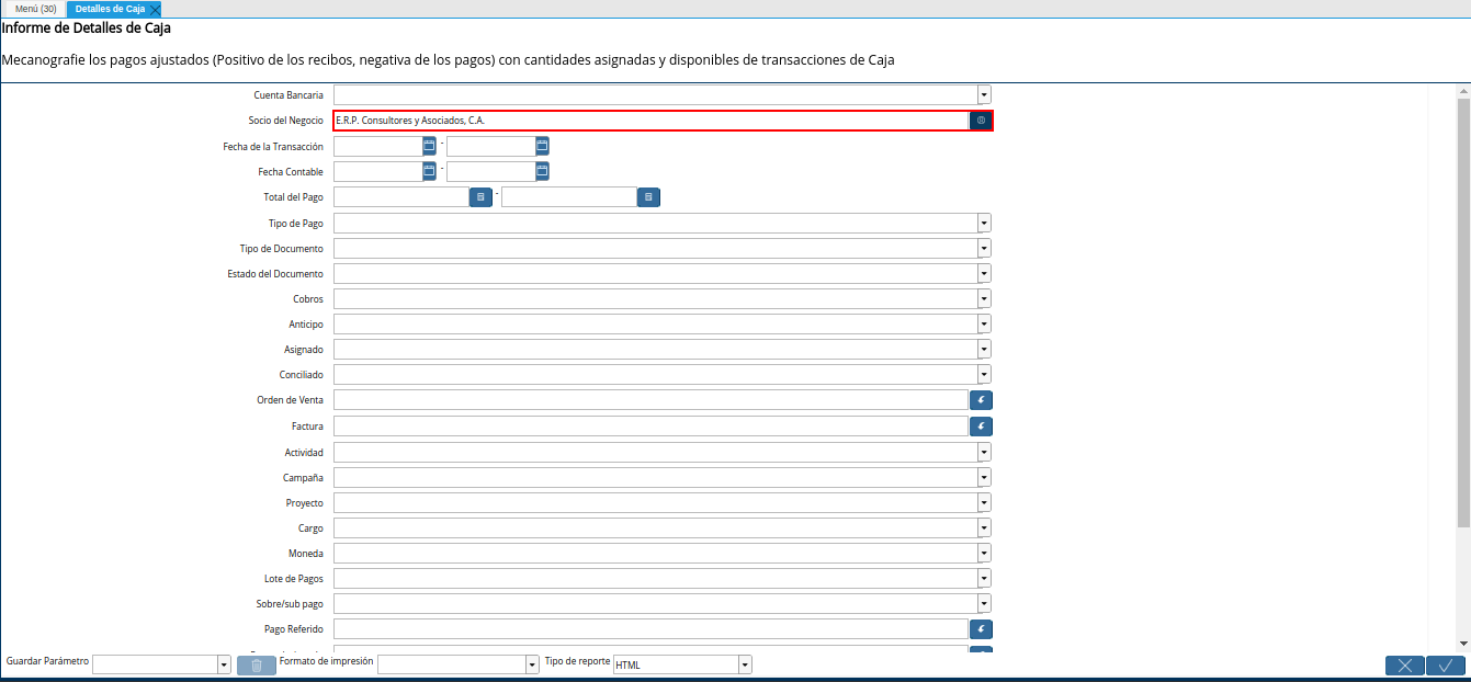 campo socio del negocio del reporte detalle de caja