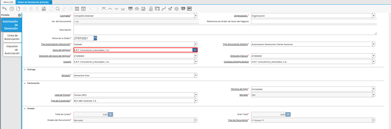 campo socio del negocio de la ventana orden de devolución cliente