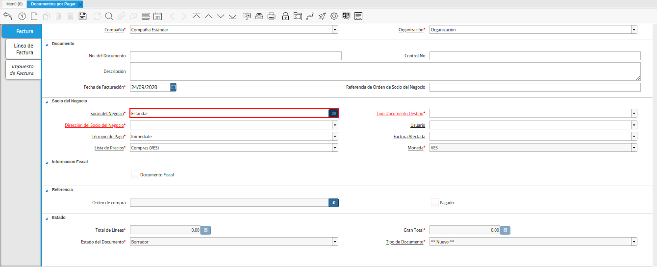 campo socio del negocio de la ventana documentos por pagar