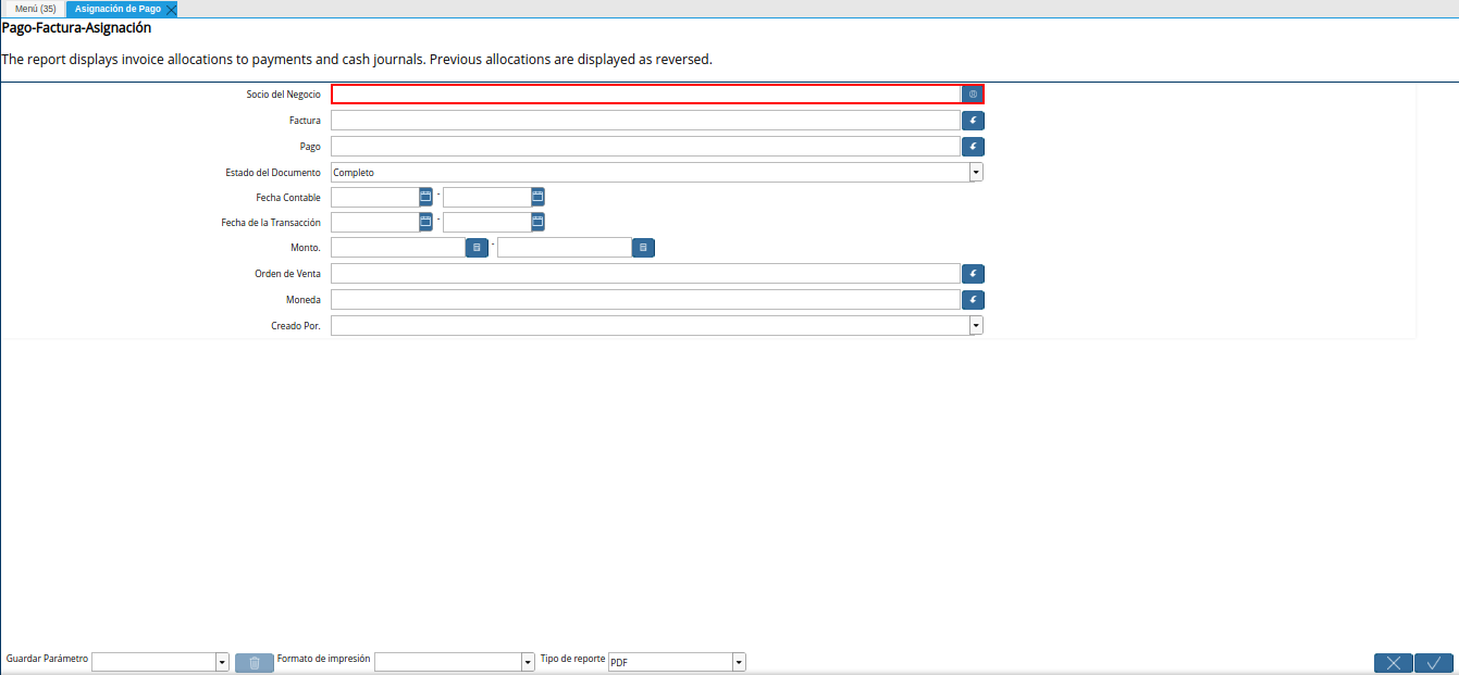 campo socio del negocio del reporte asignación de pago