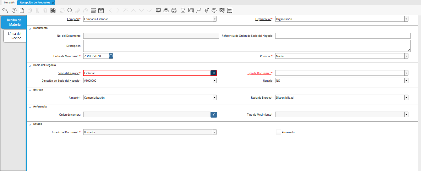campo socio del negocio de la ventana recepción de productos