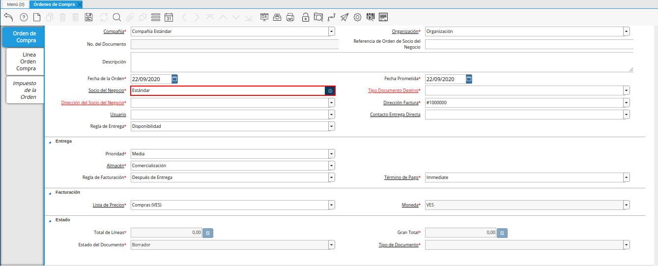 campo socio del negocio de la ventana órdenes de compra