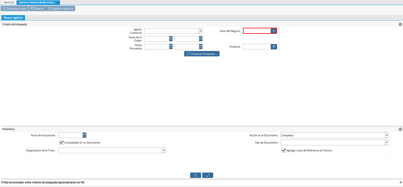 Campo Socio del Negocio de la Ventana Generar Factura desde Líneas de la Orden