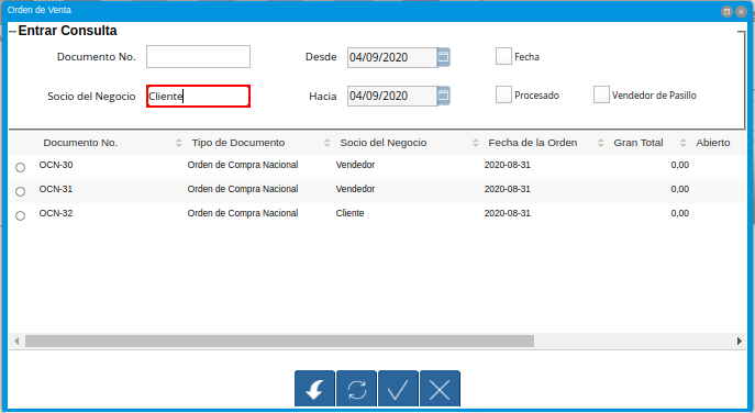 Campo Socio del Negocio del Grupo de Campos Entrar Consulta de la Ventana Orden de Venta Desplegada por el Icono Registros Históricos