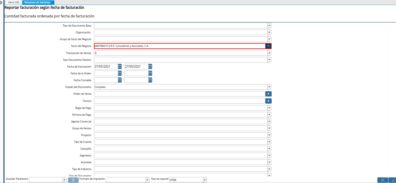 campo socio del negocio del reporte resumen de facturas