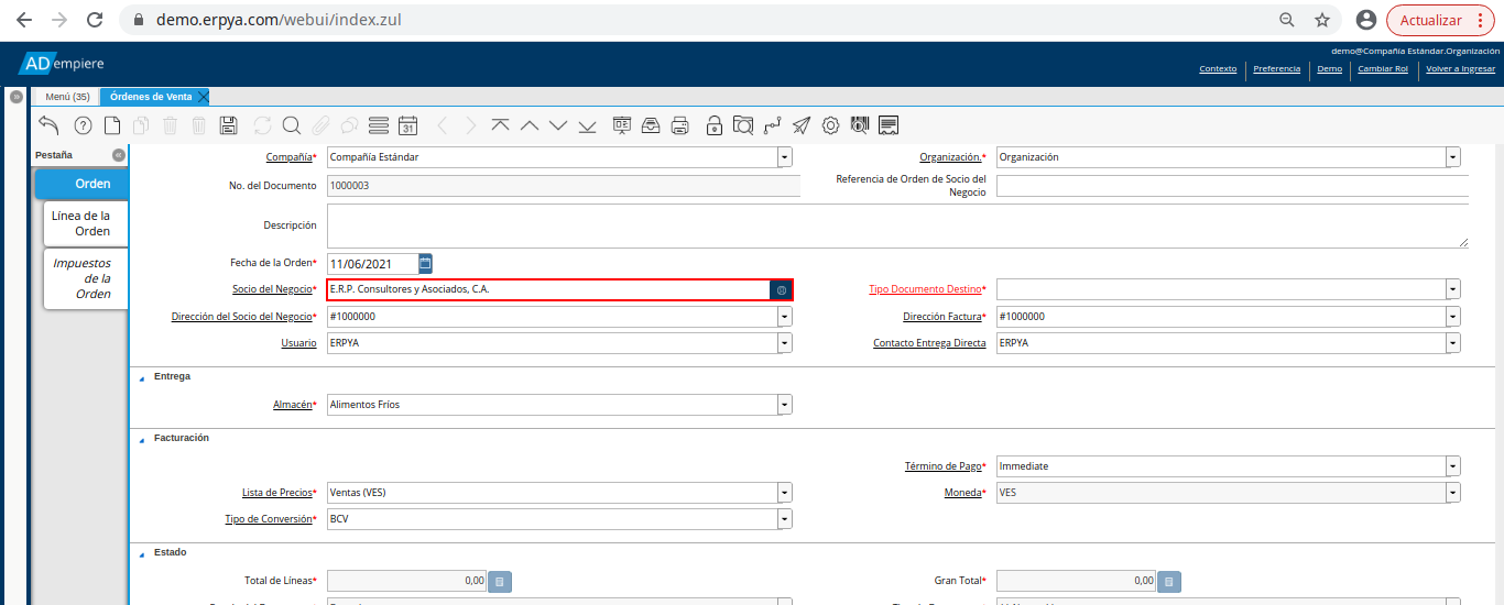 campo socio del negocio de la orden de venta no fiscal