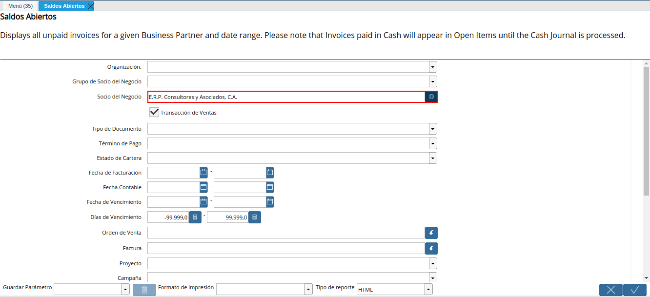 campo socio del negocio del reporte de saldos abiertos