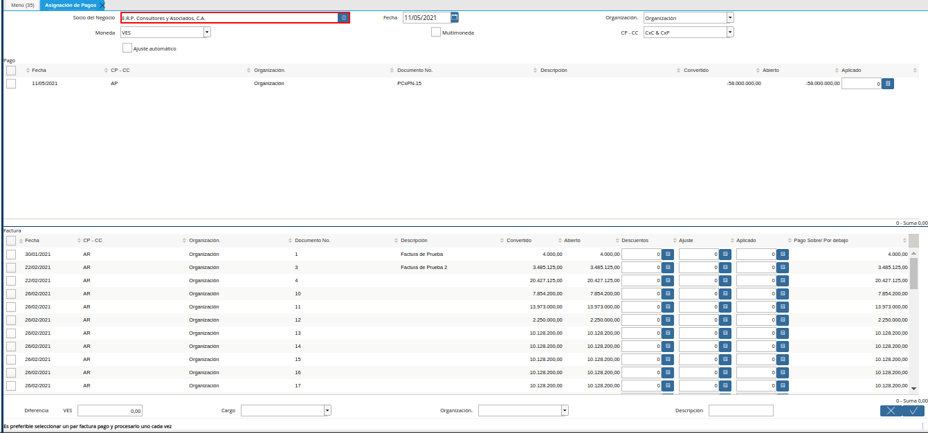 campo socio del negocio de la ventana asignación de pagos
