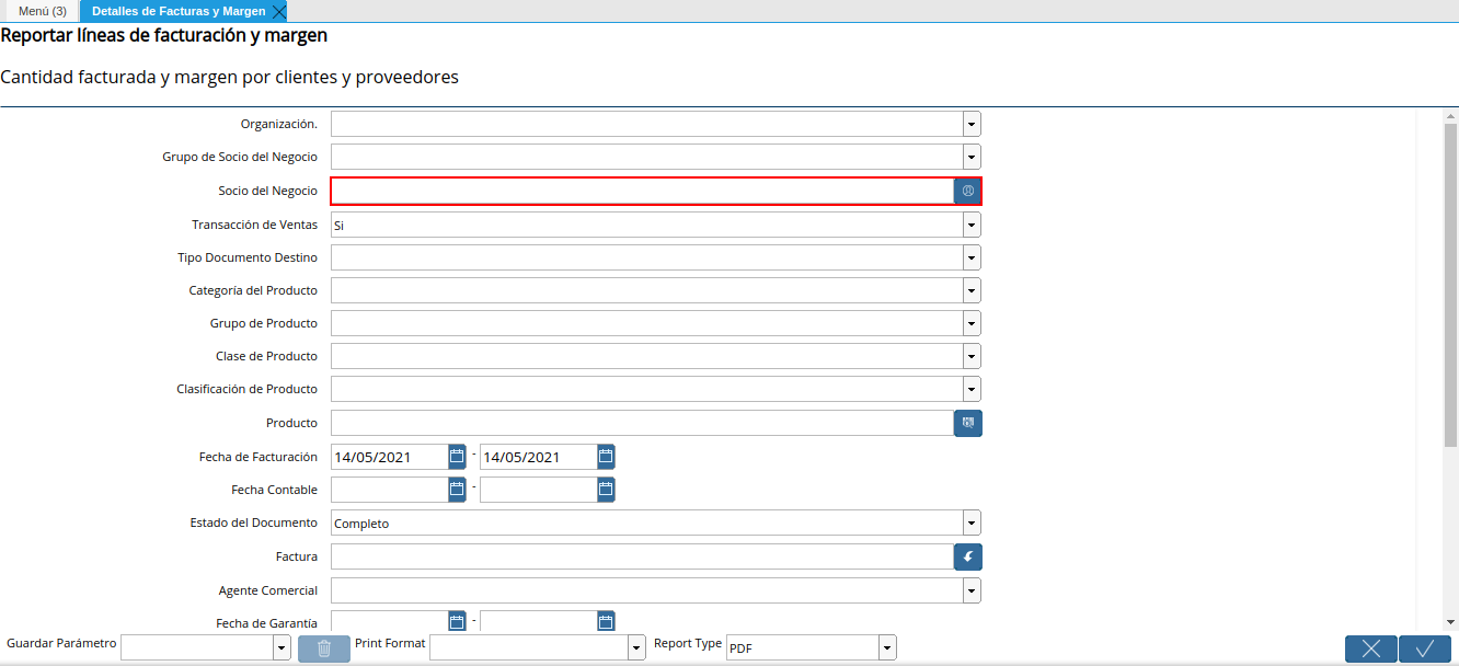 campo socio del negocio del reporte detalles de facturas y margen