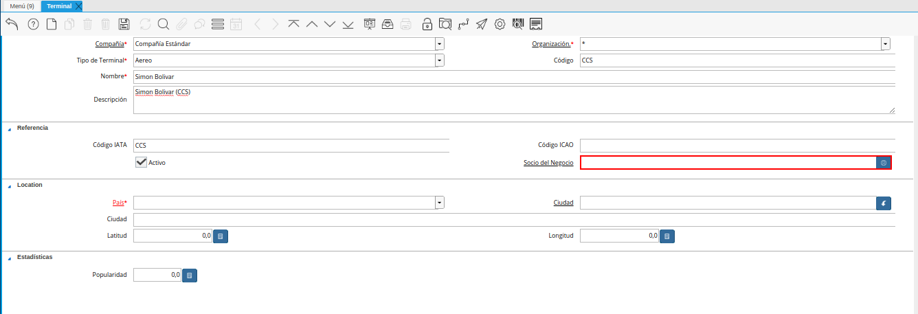 campo socio del negocio de la ventana terminal
