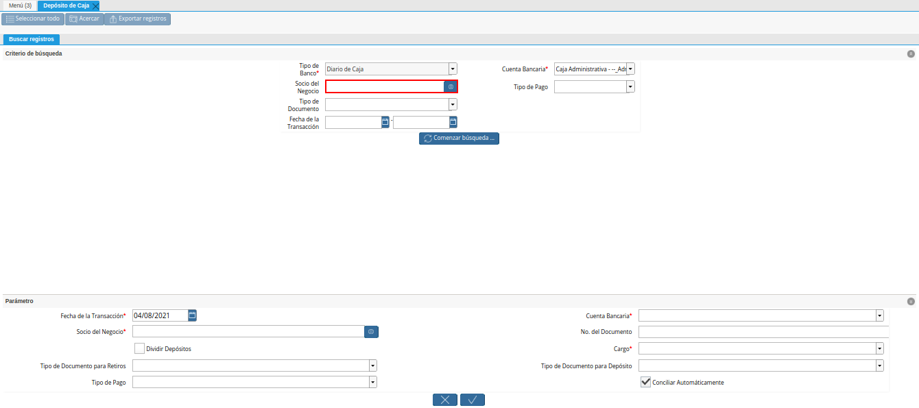 campo socio del negocio de la ventana deposito a caja