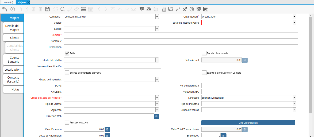 campo socio del negocio padre de la ventana viajero