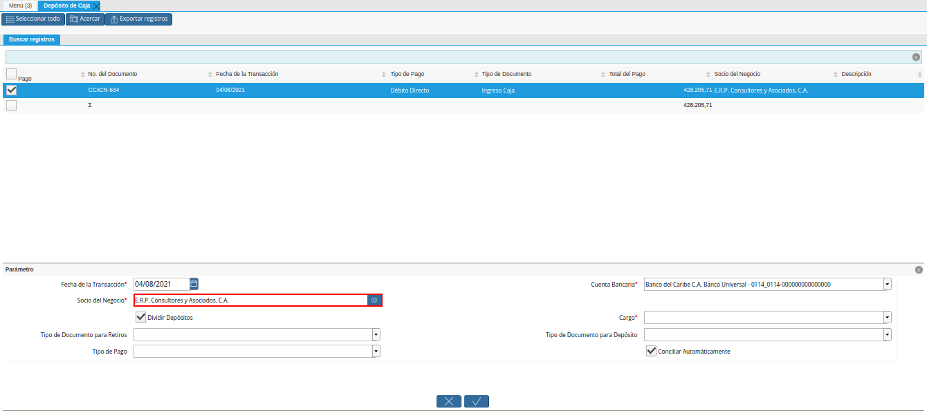 campo socio del negocio a depositar de la ventana deposito a caja