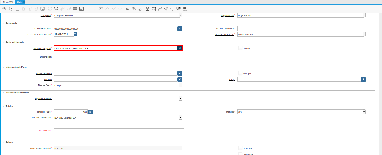campo socio del negocio de la ventana caja