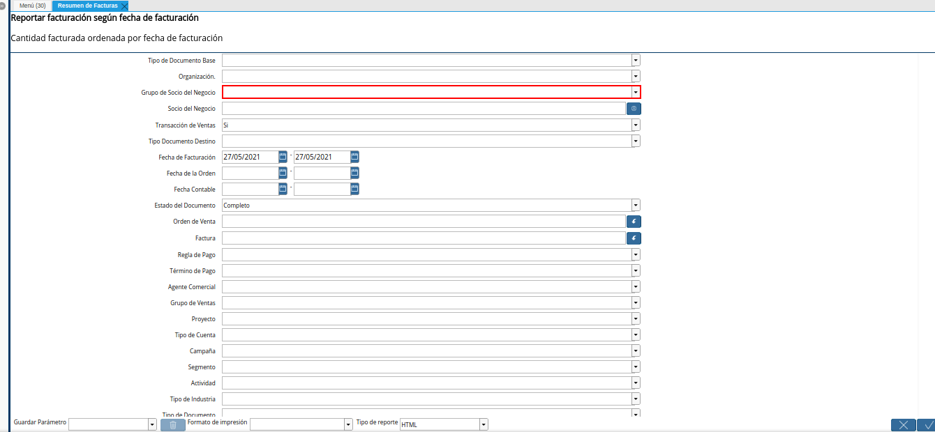 campo grupo de socio del negocio del reporte resumen de facturas