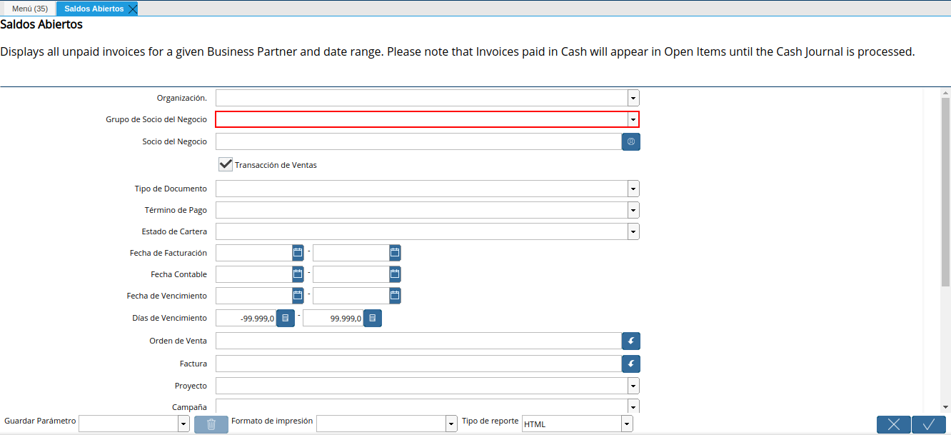 campo grupo de socio del negocio del reporte de saldos abiertos