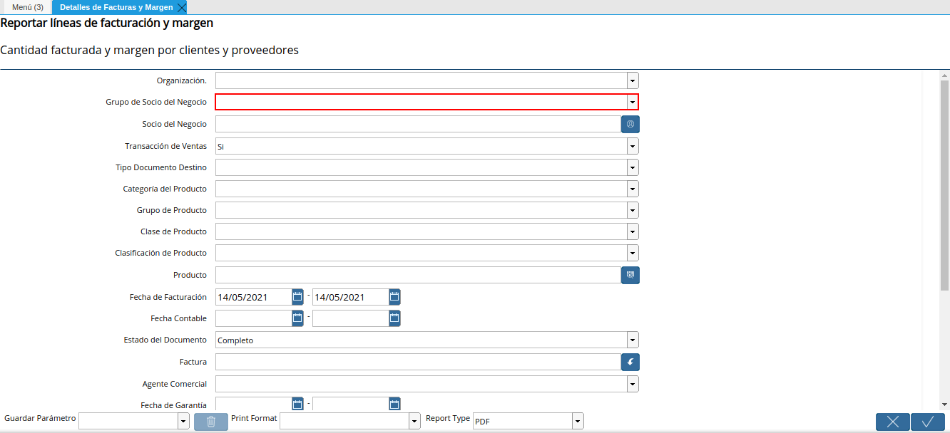 campo grupo de socio del negocio del reporte detalles de facturas y margen