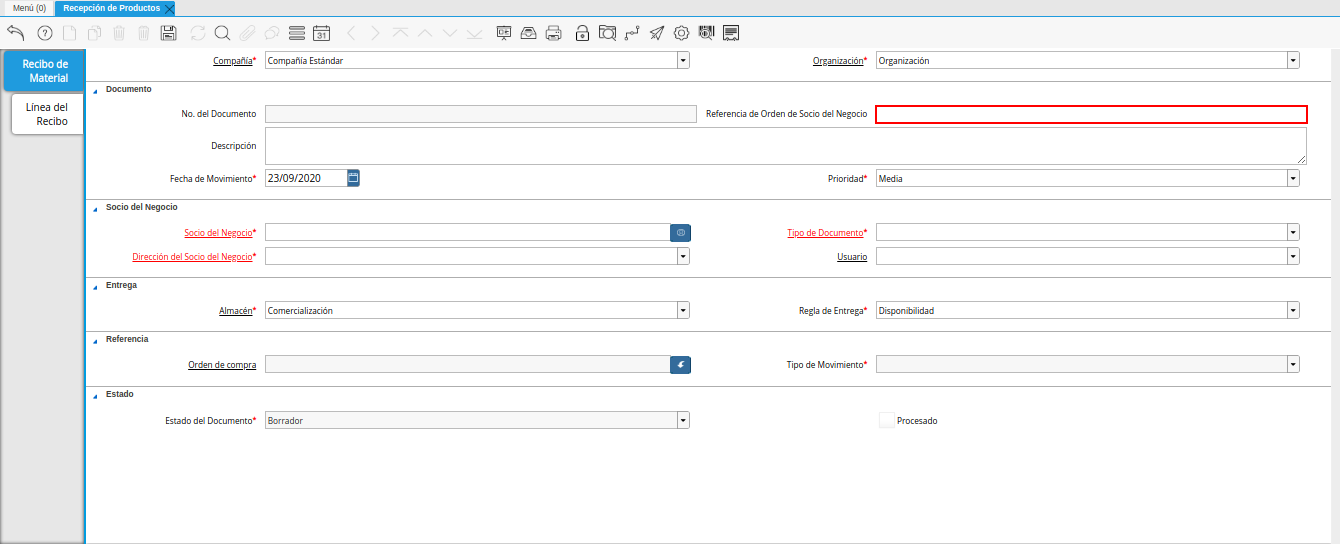 campo referencia de orden de socio del negocio de la ventana recepción de productos