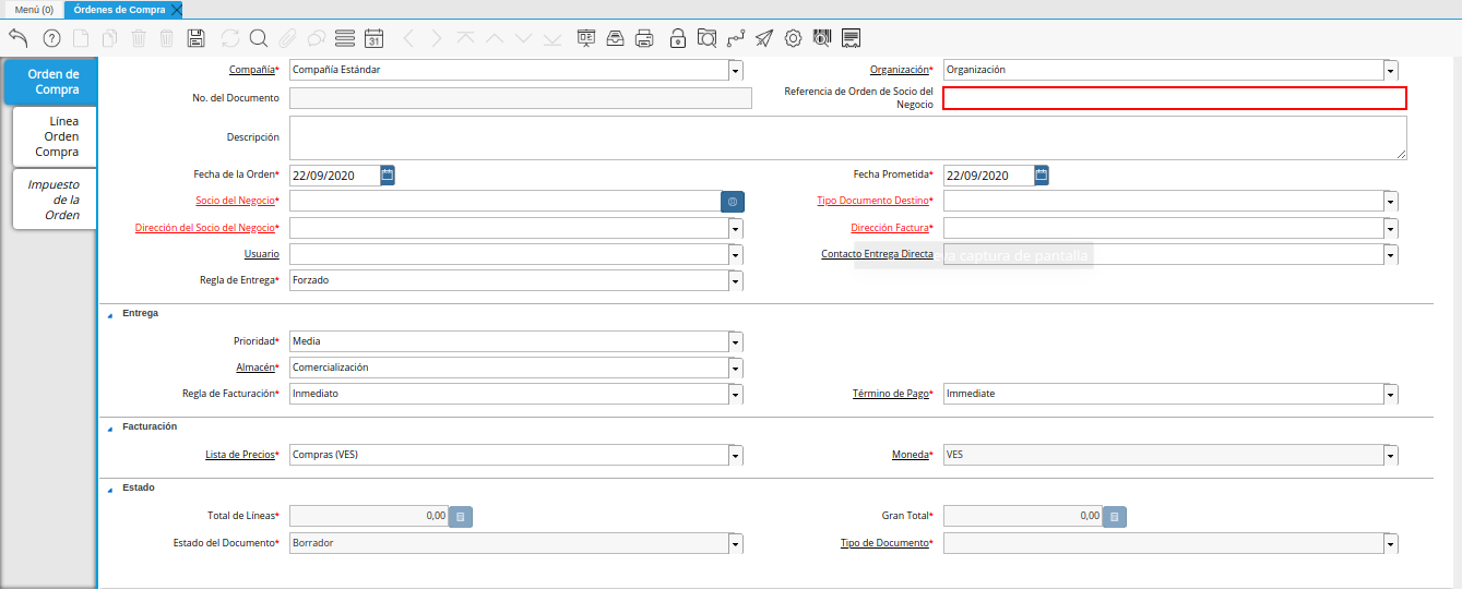 campo referencia de orden de socio del negocio de la ventana órdenes de compra