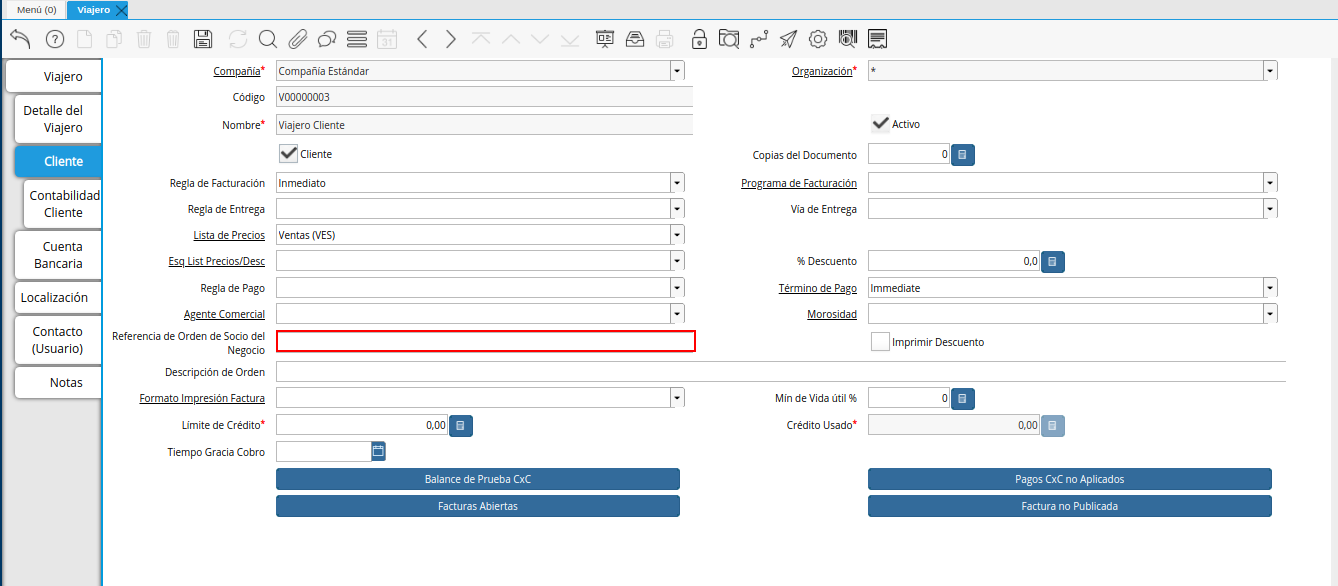 campo referencia de orden de socio del negocio de la pestaña cliente
