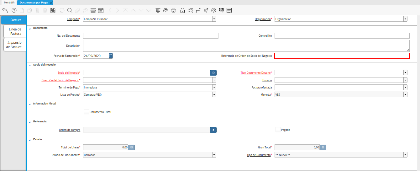 campo referencia de orden de socio del negocio de la ventana documentos por pagar