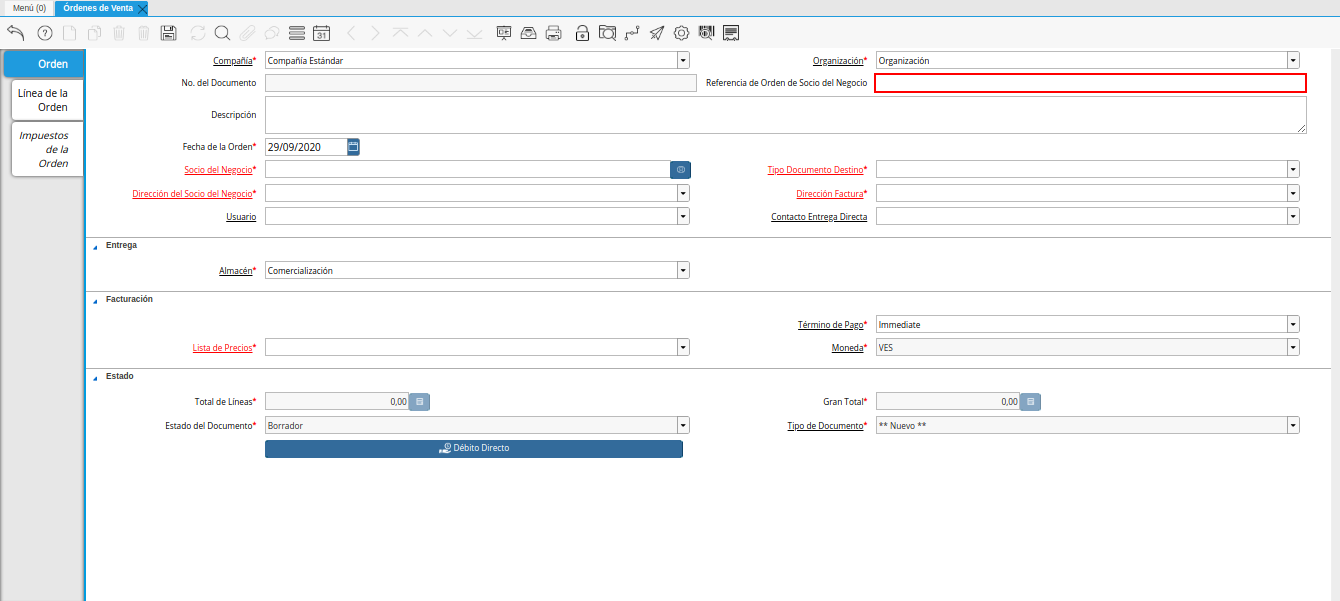campo referencia de orden de socio del negocio de la ventana órdenes de venta
