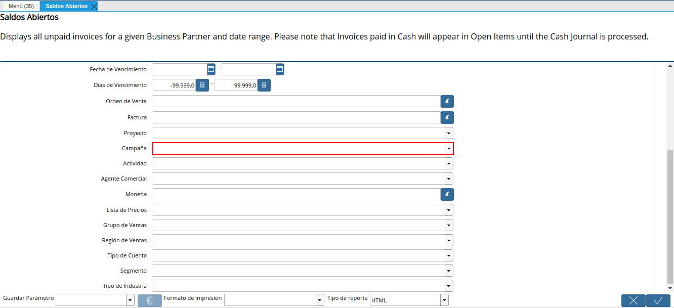 campo campaña del reporte de saldos abiertos