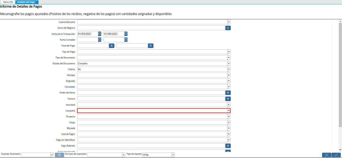 campo campaña del reporte detalles del pago