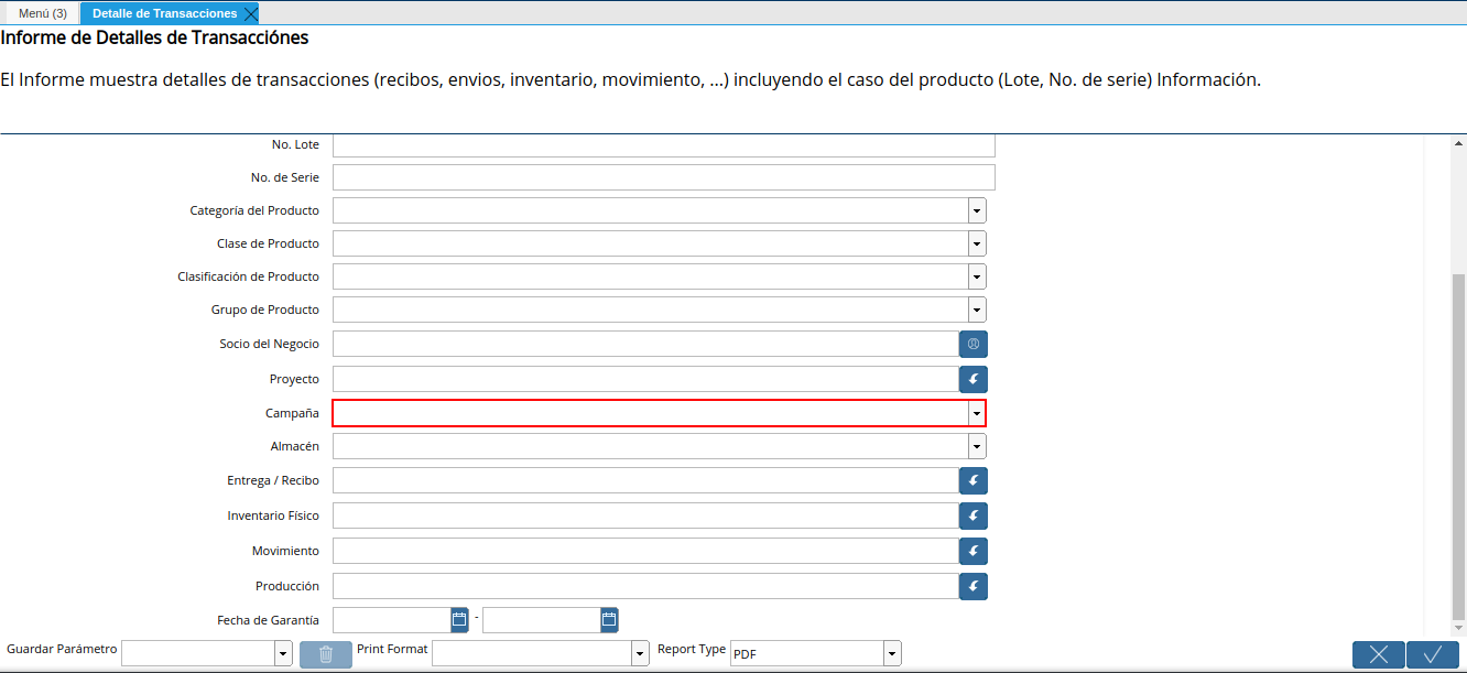 campo campaña de la ventana detalle de transacciones