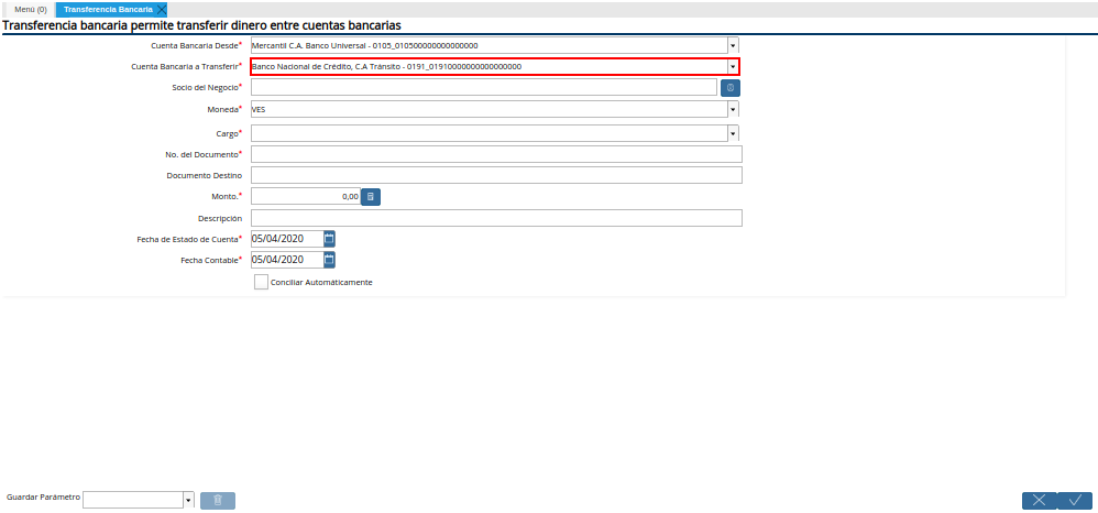 Campo Cuenta Bancaria a Transferir