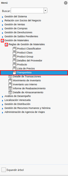menú de transportista