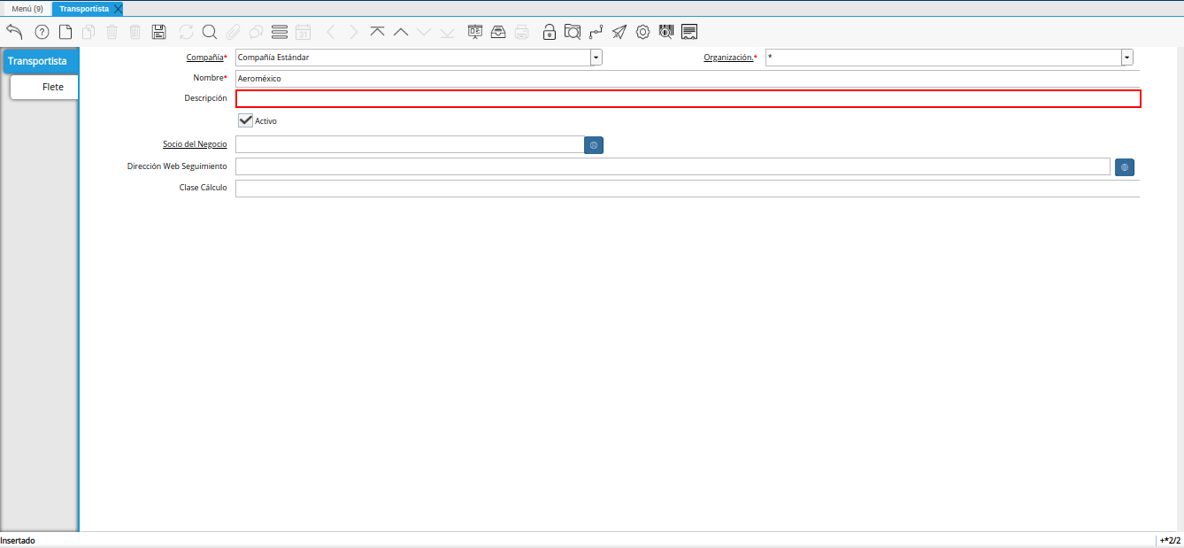campo descripción de la ventana transportista