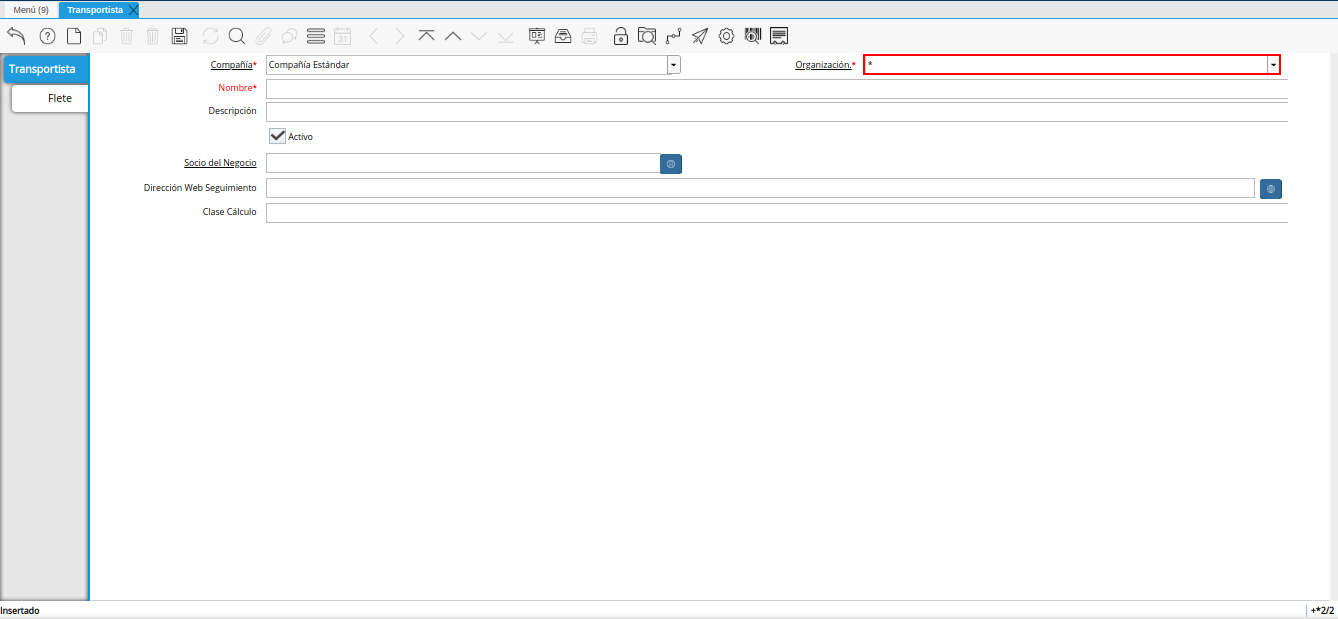campo organización de la ventana transportista