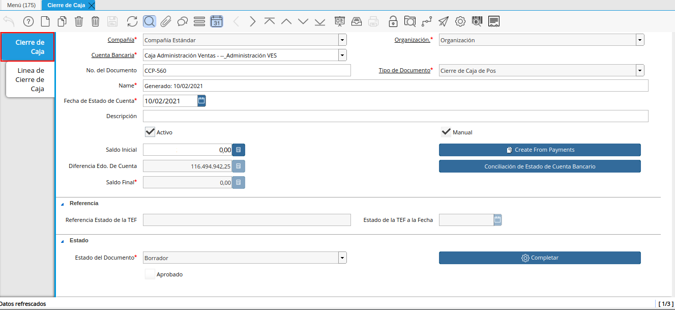 Pestaña Principal Cierre de Caja