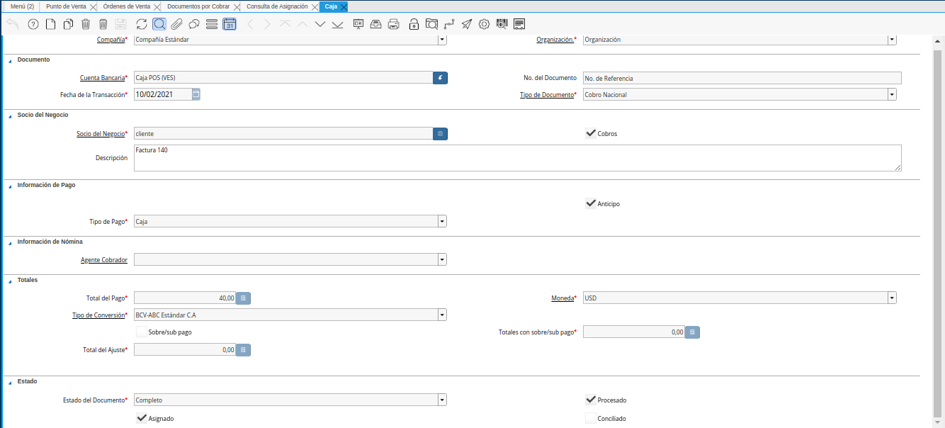Documento de Cobro Generado en Caja