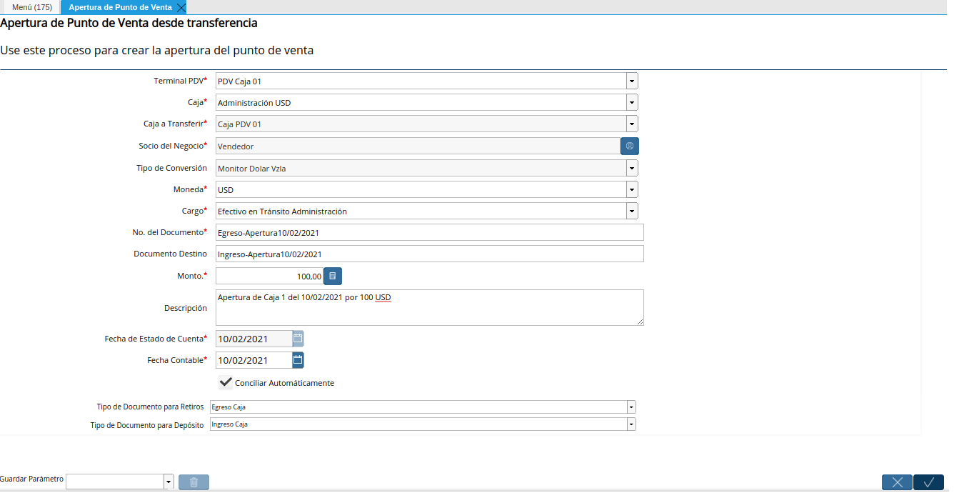 Transferencia Bancaria de Apertura de Caja