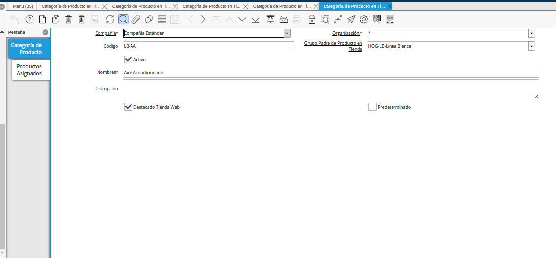 registro de categoría para asociar productos