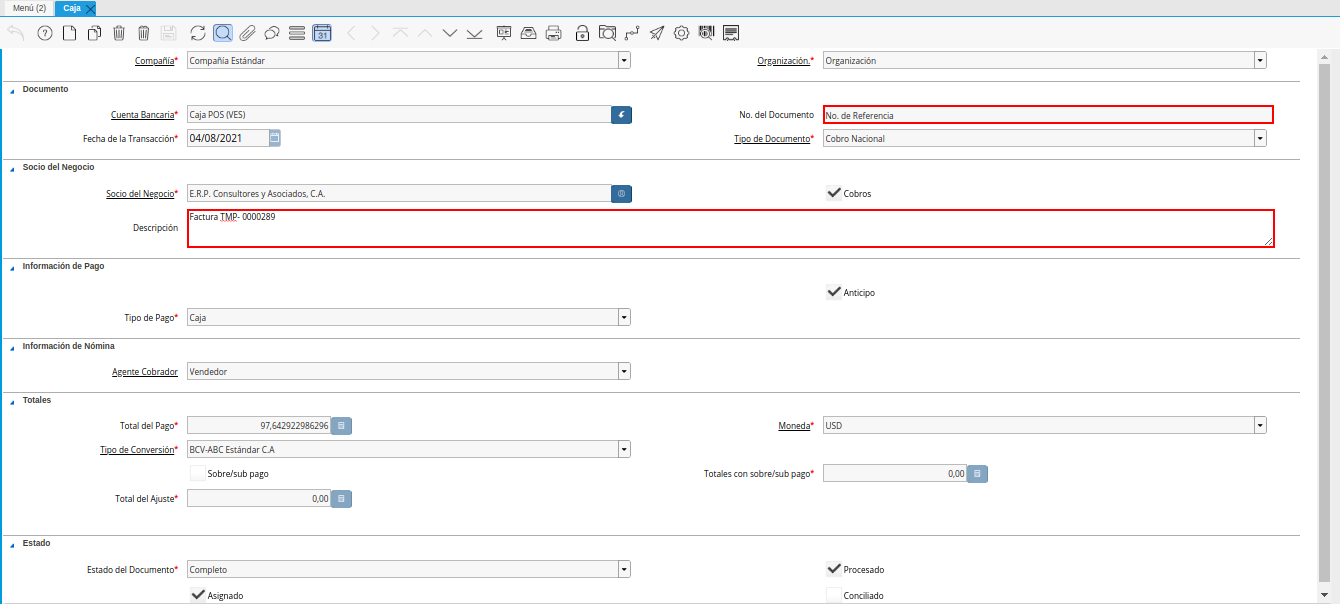 cobro asociado a la factura para anular