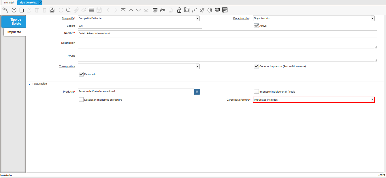 campo cargo para factura de la ventana tipo de boleto