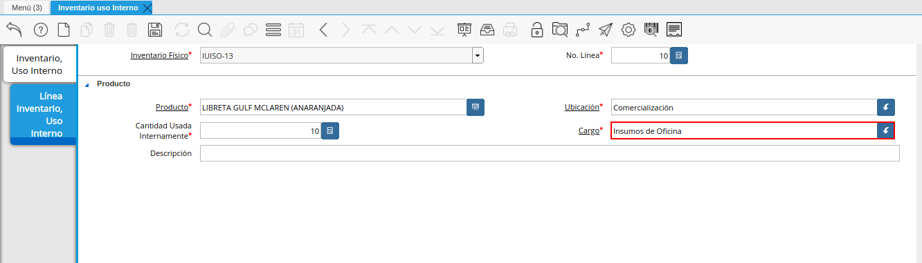 campo cargo de la pestaña línea inventario uso interno