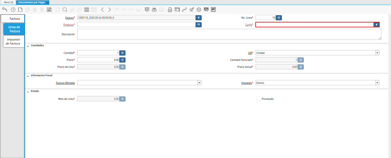 campo cargo de la pestaña linea de factura