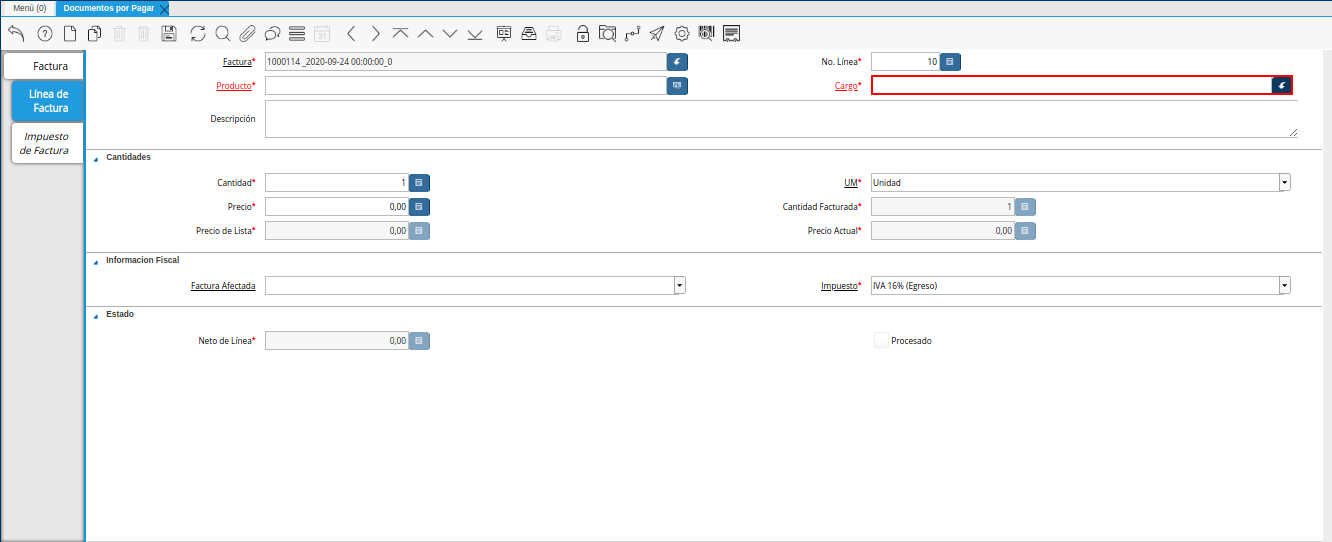 campo cargo de la pestaña linea de factura